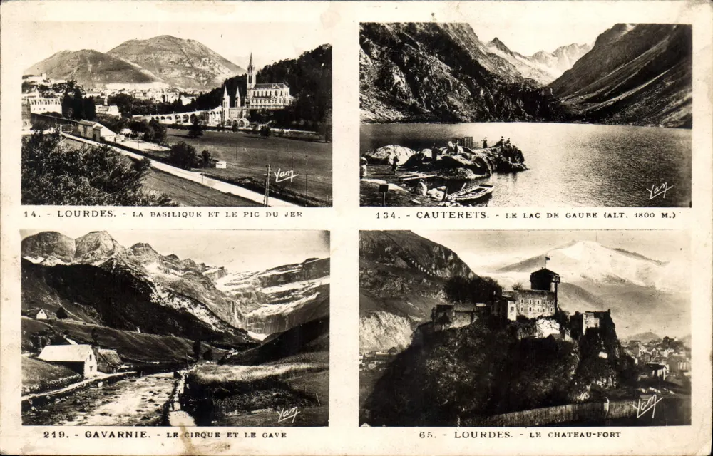 Lourdes - A Basílica e o Pic du Jer — Cauterets - O Lago de Gaure (alt. 1800 m.) — Gavarnie - O Circo e o Gave — Lourdes - O Castelo-Forte — Edição Foto Guimault, Lourdes - Frente