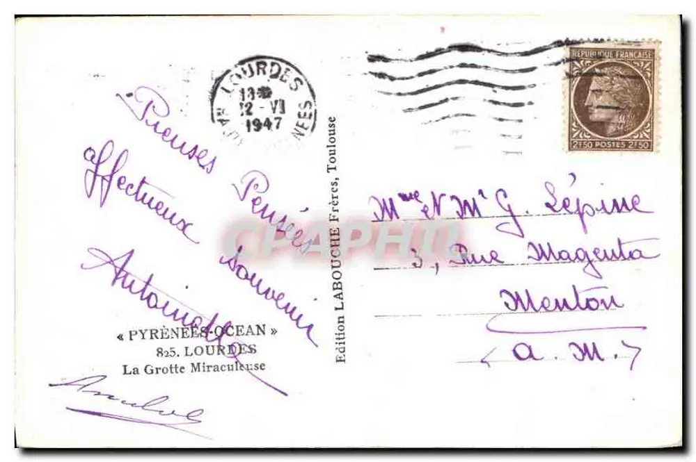 A Gruta Milagrosa — Lourdes — Edição LABOUCHE Frères, Toulouse - Verso