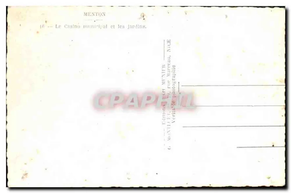 Menton — Das Gemeindekasino und die Gärten — Éditions MUNIEFR, Nizza - Rückseite