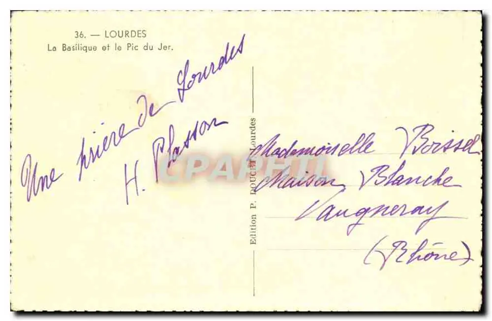 Lourdes — A Basílica e o Pic du Jer — Edição P. BOUTE Lourdes - Verso