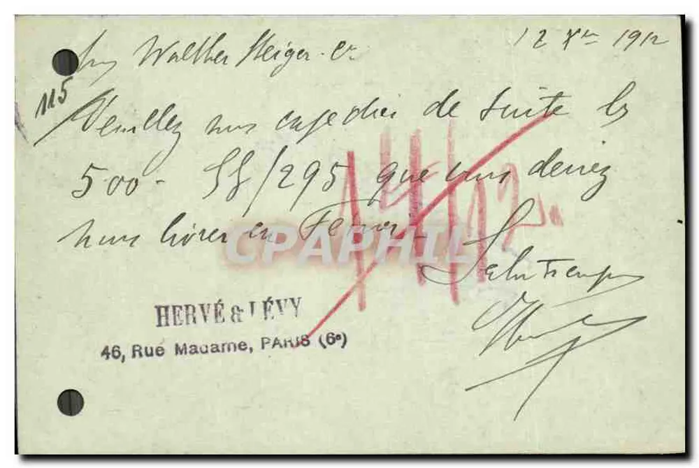 París (6°) — tarjeta postal enviada a Burgrieder-be-Lauterburg — Hervé & Lévy, París (6°) - Reverso