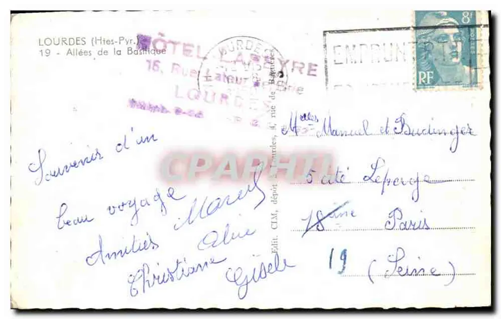 Lourdes — Allées de la Basilique — Hôtel Lapéyre, éditeur CLM, n°19 - Verso