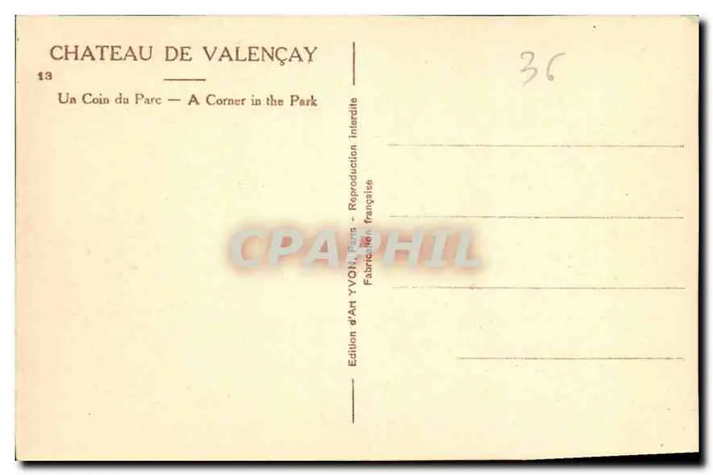 Castelo de Valençay — Um Canto do Jardim — Edição de Arte YVOI, Paris - Verso