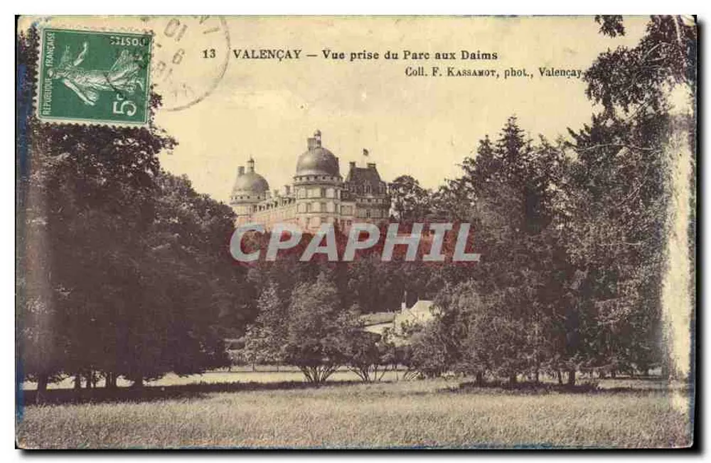 Valençay — Vista tirada do Parc aux Daims — Coll. F. Kassamot, fot., Valençay - Frente