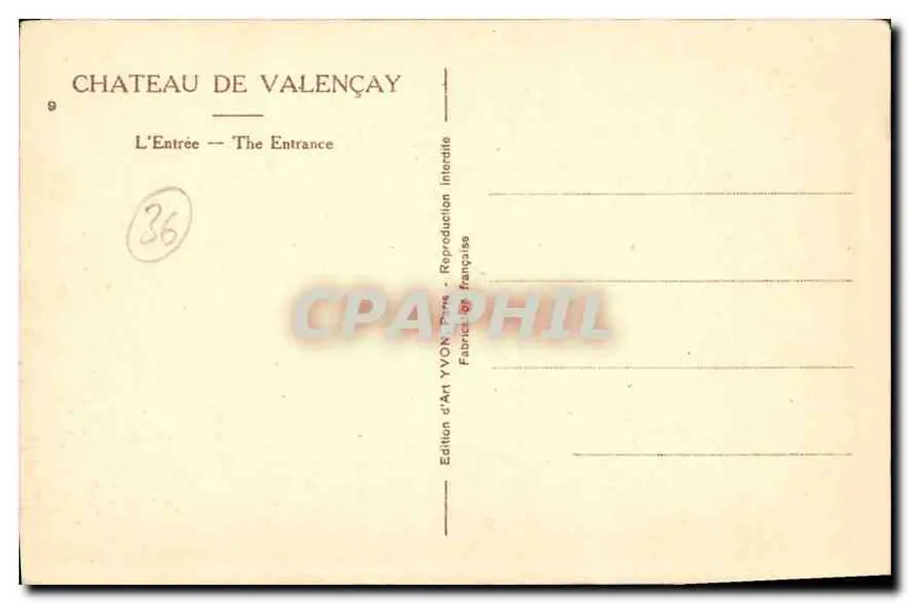 Castelo de Valençay — A Entrada — Edição d'Art YVON, Paris - Verso