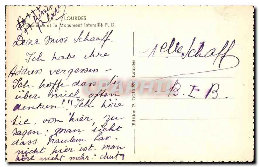 Lourdes — Basiliek en Interallieer Monument P.D. — Uitgave P. Douart, Lourdes - Achterkant