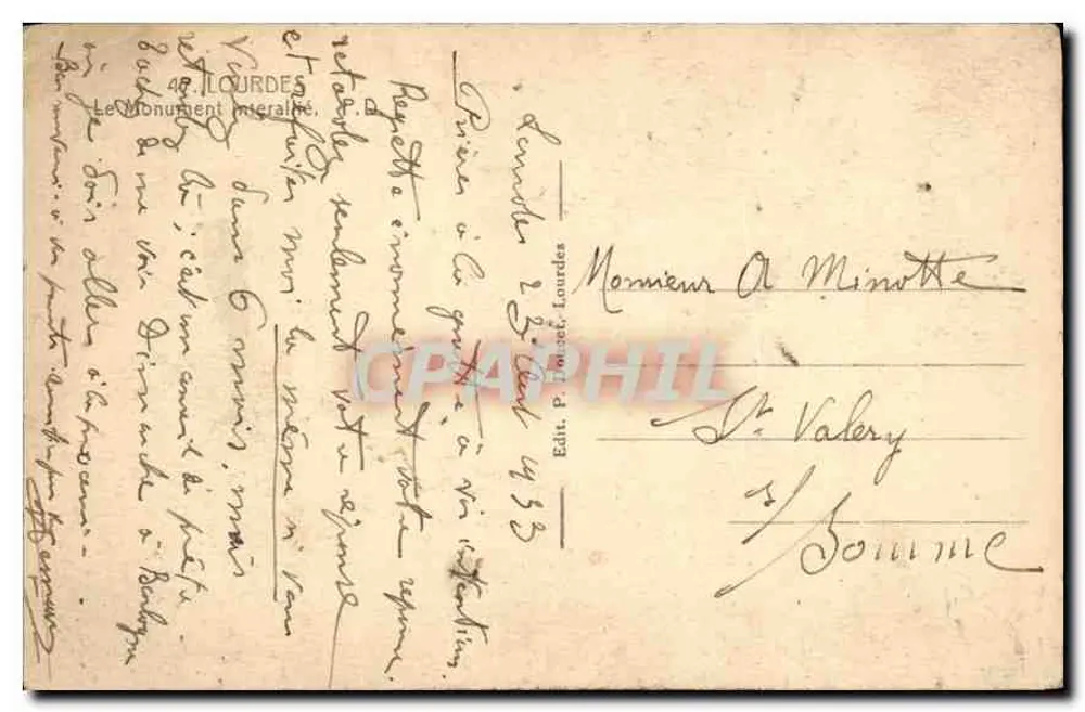 Monumento aos Mortos — Lourdes — Editor Douce - Verso