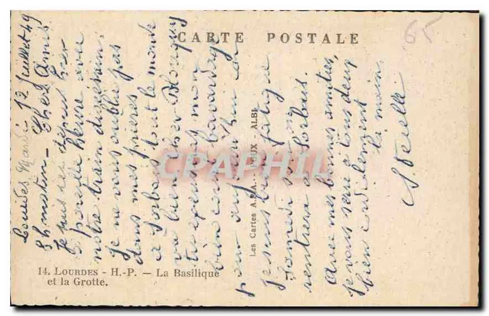 Lourdes — A Basílica e a Gruta — As Cartas A. ALBI n°65 - Verso