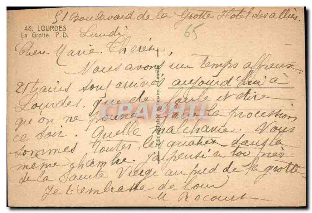 Gruta de Lourdes — Nossa Senhora de Lourdes — Edições Ph. Rosato, n°46 - Verso
