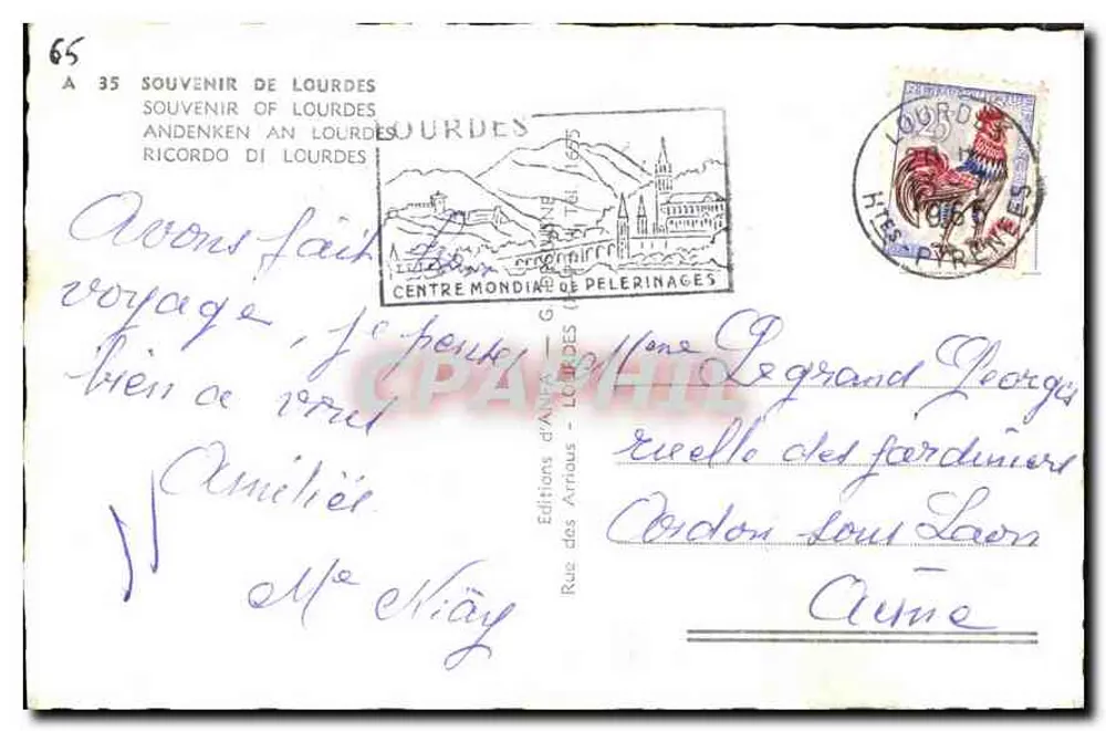 A gruta de Lourdes — recordações e orações — Éditions d'Arriau, n°65 - Verso