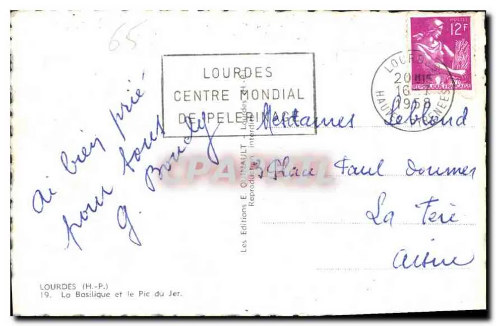 Lourdes (H.-P.) — A Basílica e o Pic du Jer — Editor E. Quinault, n°19 - Verso