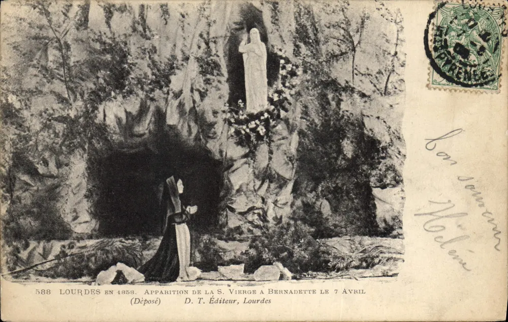 Lourdes 1858 — Erscheinung der Jungfrau Maria bei Bernadette am 7. April — Verlag D.T., Lourdes - Vorderseite