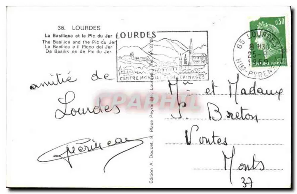 Lourdes — La Basilica e il Pic du Jer — Edizione A. Doucet, n°36 - Verso