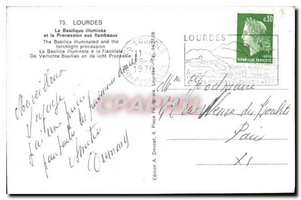 Lourdes — Ansicht der beleuchteten Basilika und der Fackelprozession — Edition A. Doucet, n°73 - Rückseite