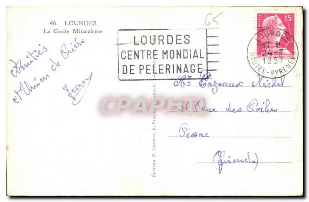 A Gruta Milagrosa — Lourdes — Edição P. Dooest - Verso