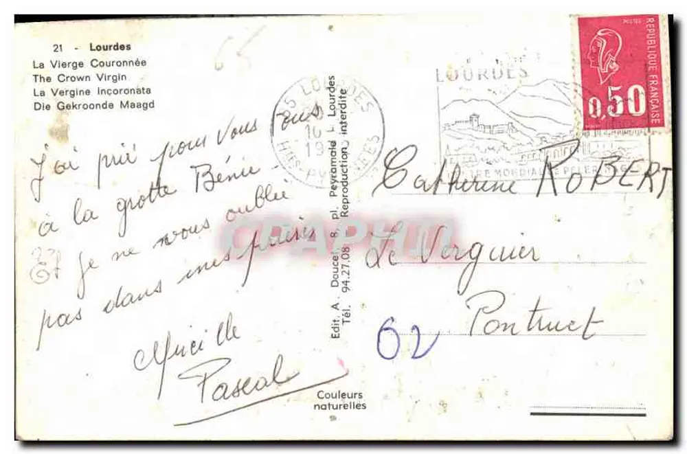 Estátua da Virgem coroada em Lourdes — editor A. Doucet, n°21 - Verso