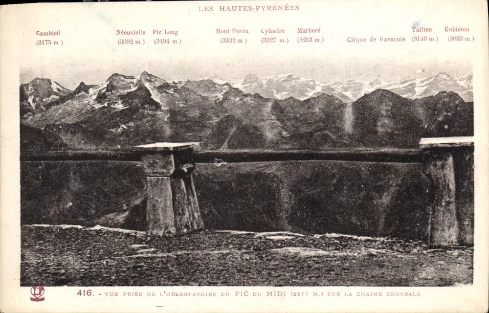 Ansicht vom Observatorium des Pic du Midi über die Zentralregion — Les Hautes-Pyrénées — Phototypie Labouret Frères, Toulouse, n° 416 - Vorderseite