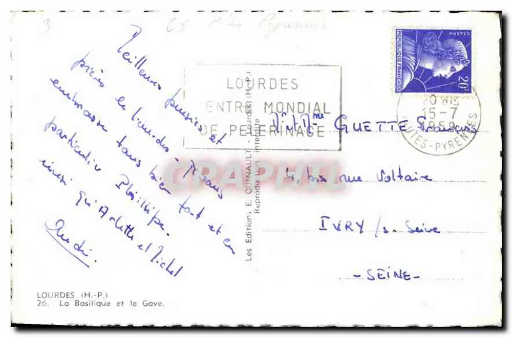 Lourdes (H.-P.) — A Basílica e o Gave — Edição E. Quinault, n°26 - Verso