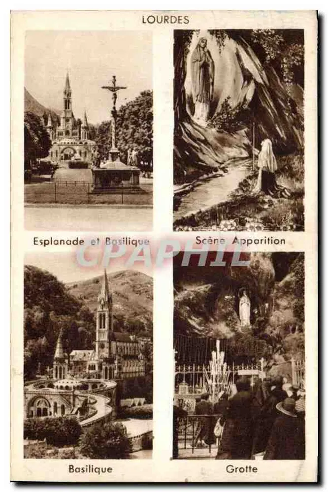Lourdes — Esplanade, Basilique, Scène d'Apparition, Grotte — Édit. Pyrénées fr. - Trad. Lourdes - Recto