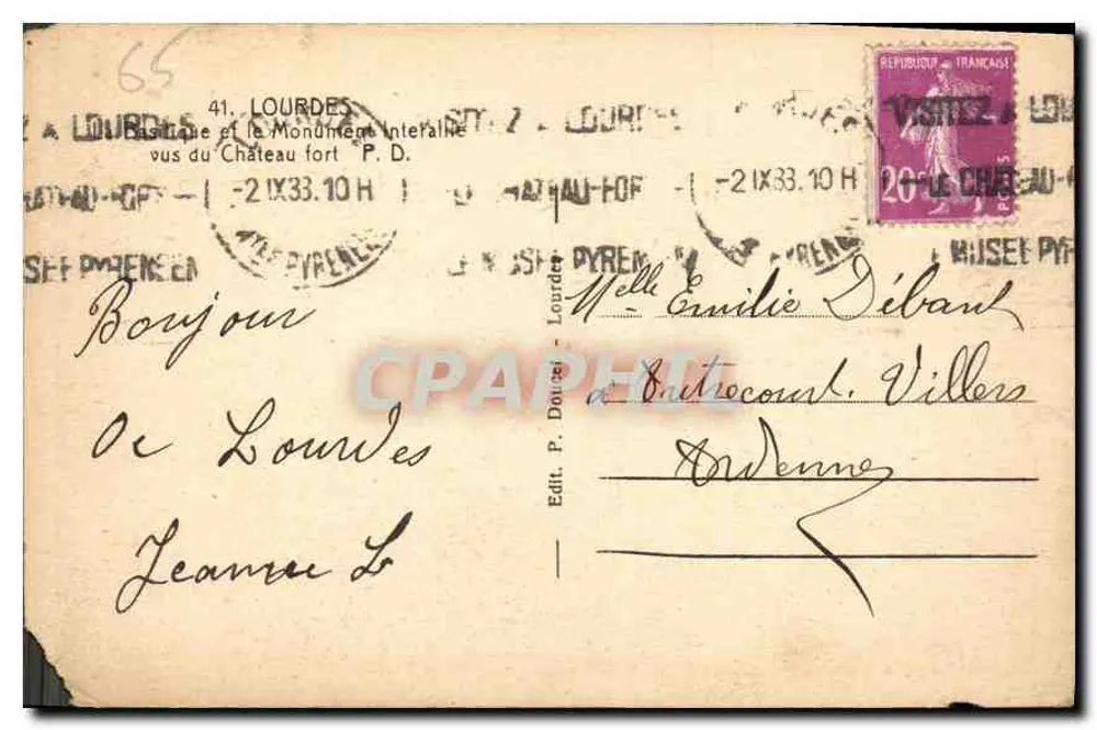 Lourdes — Ansicht des Schlosses und des interalliierten Denkmals P. D. — Edit. P. Douce - Rückseite