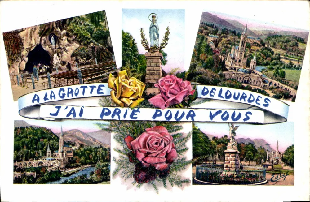 Lourdes — A Gruta, a estátua de Nossa Senhora, o santuário — Edição P. Doucel, n°111 - Frente