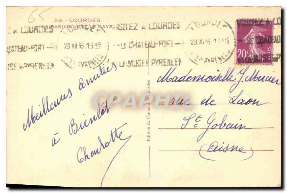 Lourdes — A Basílica do Santo Sacramento — Edição E. Quinault, n° 65 - Verso