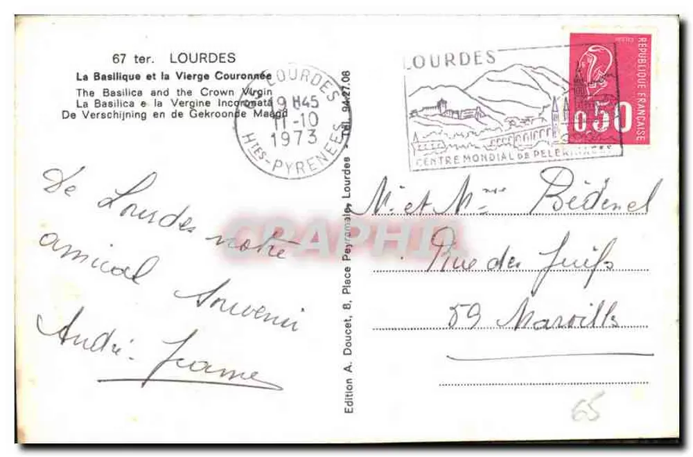 Lourdes — La Basilique et la Vierge Couronnée — Édition A. Doucet - Verso