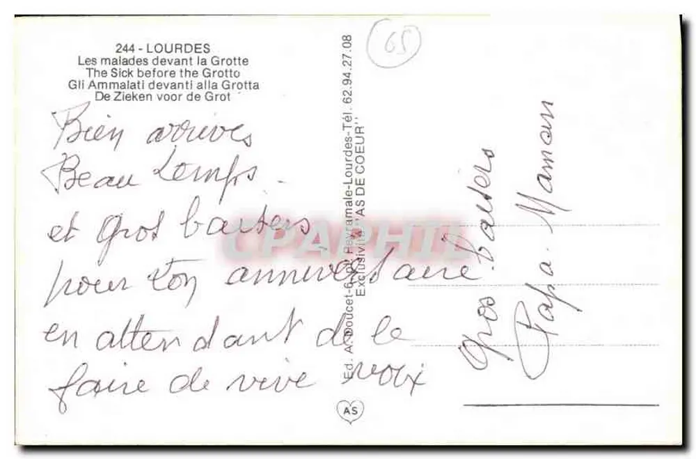 Lourdes — Doentes diante da Gruta — Ed. AS DE COEUR n°244 - Verso