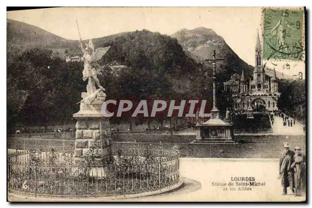 Lourdes — Statue de Saint-Michel et les Allées — Éditeur : C. P. M. n°6 - Recto