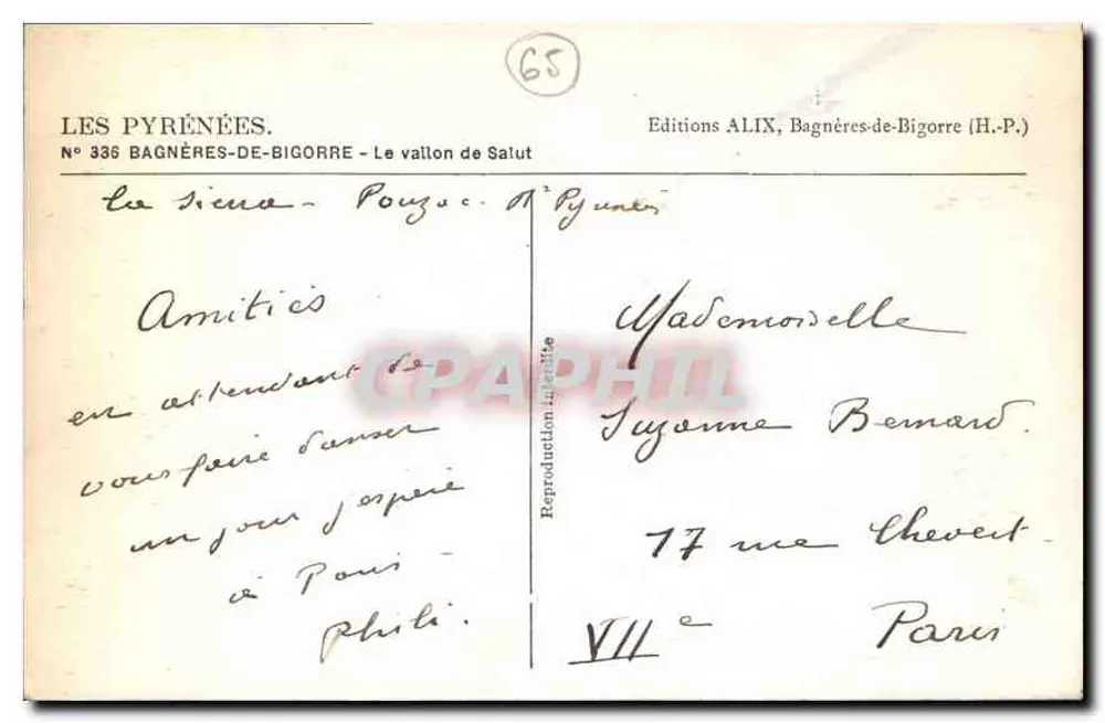 Die Pyrenäen - Der Vallon de Salut — Editions ALIX, Bagnères-de-Bigorre (H.P.) - Rückseite