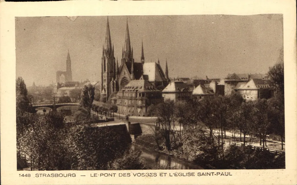 Straßburg — Ansicht des Pont des Vosges und der Kirche Saint-Paul — Braun & Cie, Mulhouse-Domach - Vorderseite