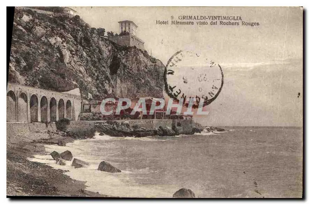 Hotel Miramare in Vintimiglia — Ansicht von den Rochers Rouges — Verleger Grimaldi-Vintimiglia, n°9 - Vorderseite