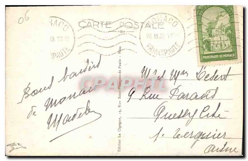 Mônaco - O Palácio do Príncipe — Bilhete postal antigo n°1413 — Edição de Mônaco - Verso