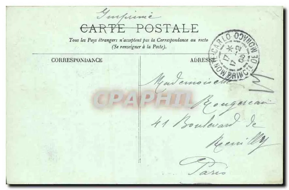 Mônaco — O Palácio do Príncipe — editor Marie Grinillet, n° 328 - Verso