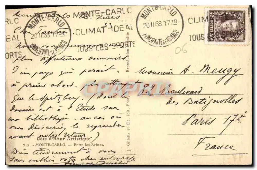 Ansicht von Monte-Carlo — Côte d'Azur — Verlag J. Gilletta - Rückseite