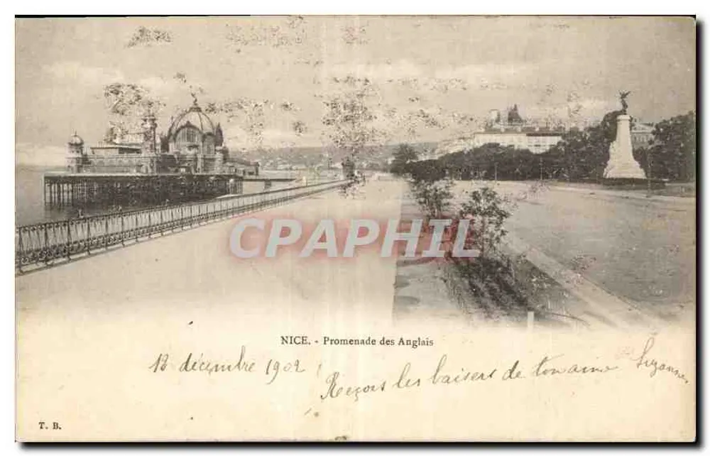 NICE - Promenade des Anglais — Vista dos bains de Tonnais e do monumento a Hygome — T. B. - Frente