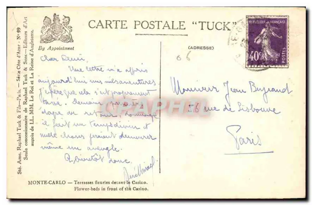 Terrasas floridas diante do Casino — Monte-Carlo — editor Tuck & Fils, série n° 69 - Verso