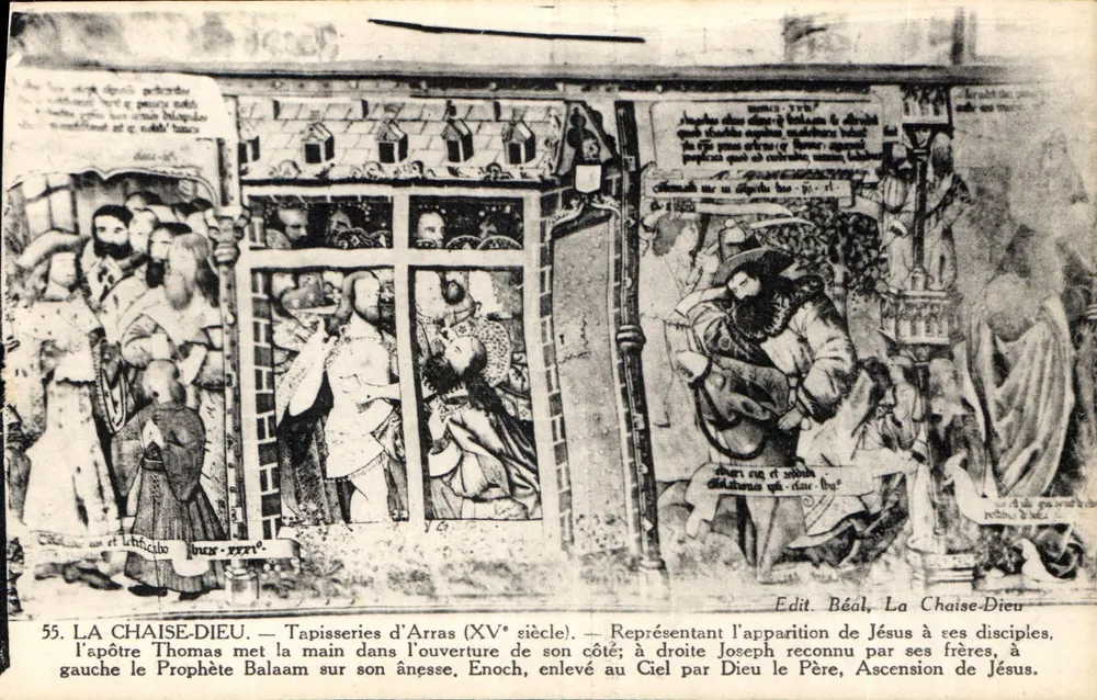 La Chaise-Dieu — Arras-Tapisserien (15. Jahrhundert) — Darstellend das Erscheinen Jesu bei seinen Jüngern, links der Apostel Thomas legt die Hand in die Wunde an seiner Seite; rechts Joseph erkannt von seinen Brüdern, Enoch in den Himmel entrückt von Gott, Auferstehung Jesu. - Vorderseite