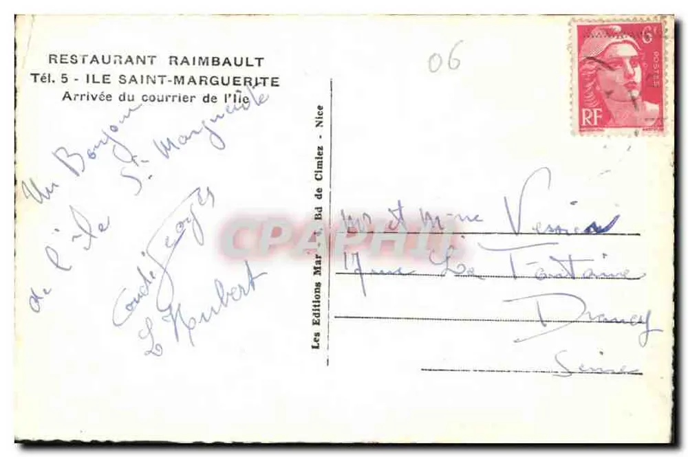 Ankunft des Postwagens auf der Insel Saint-Marguerite — Restaurant Raimbault — Editions Marne, Serie 06 - Rückseite