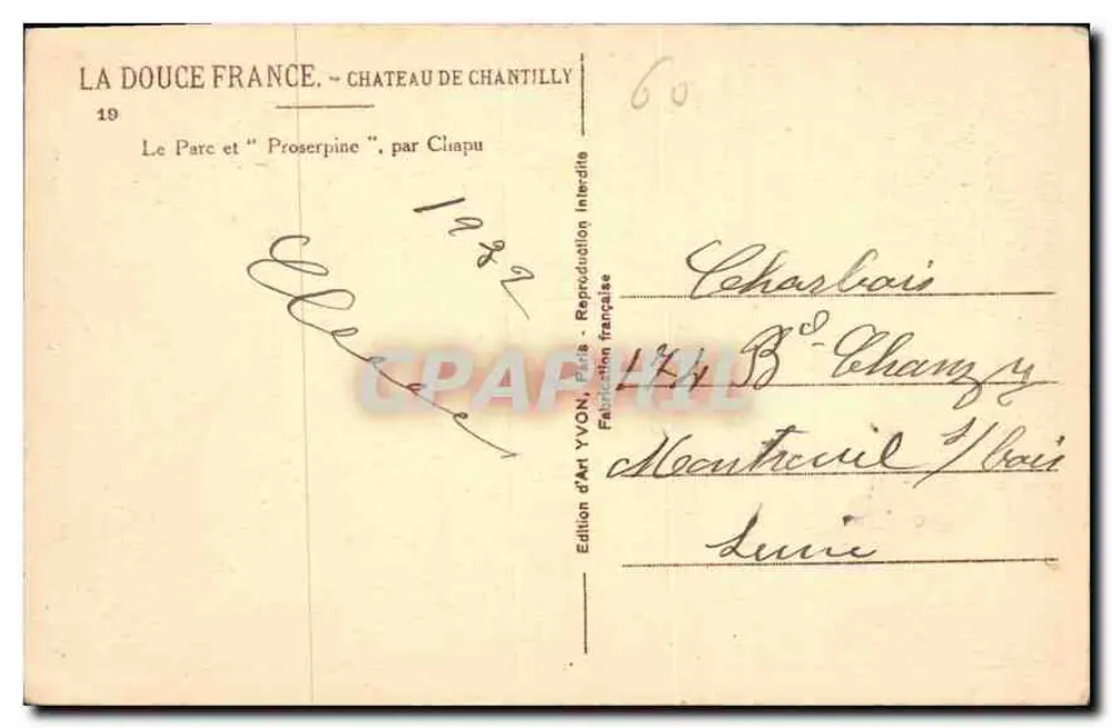 Schloss Chantilly — Der Park und "Proserpine", von Chapu — Künstleredition YVON, Paris - Rückseite