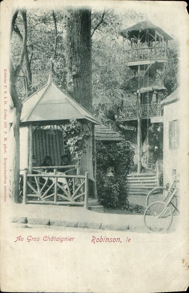 Au Gros Châtaignier — scène de jardin avec kiosque et tour d'observation — Éditeur P. S. à D. Erkko 300 P. M. phot. - Frente