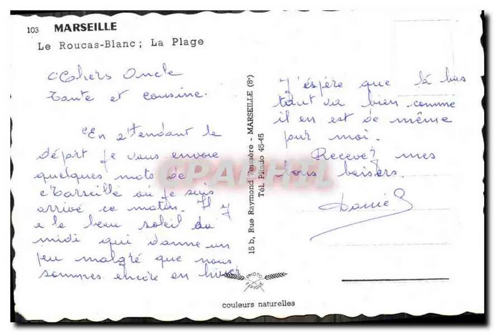 Le Roucas-Blanc ; A Praia — Marselha — editor 'Photo Naturelles' n°103 - Verso