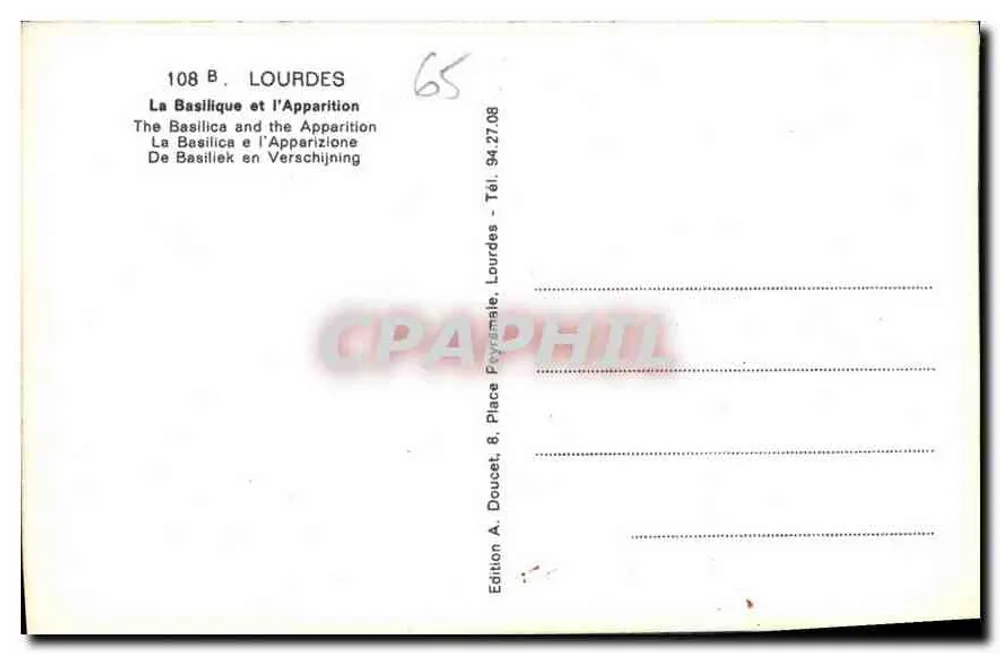 Lourdes — Aparição da Nossa Senhora — Edição A. Doucet, Place Peyramale - Verso