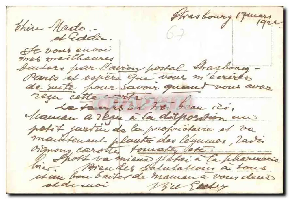 Estrasburgo i. Els. Ninho de Cigogna — Nid de Cigogne — editor Weiler, n° 67 - Verso