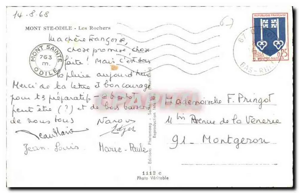 Mont Sainte-Odile — Igreja e estátua sobre rochedos — Editions Photogramme, n° 1112 c - Verso