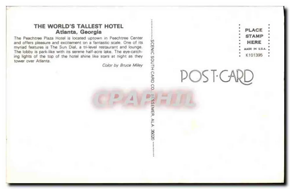 Das Peachtree Plaza Hotel — Atlanta, Georgia — Scenic South Card Co. - Rückseite