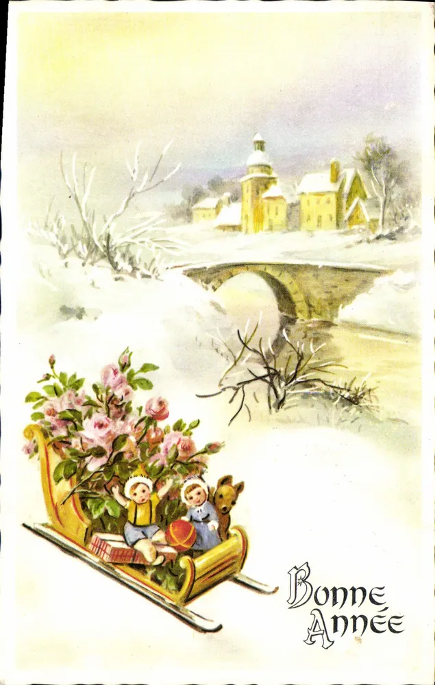 Kinderen in een sleetje — winterscène met bloemen — Antieke ansichtkaart serie 6920 - Voorkant
