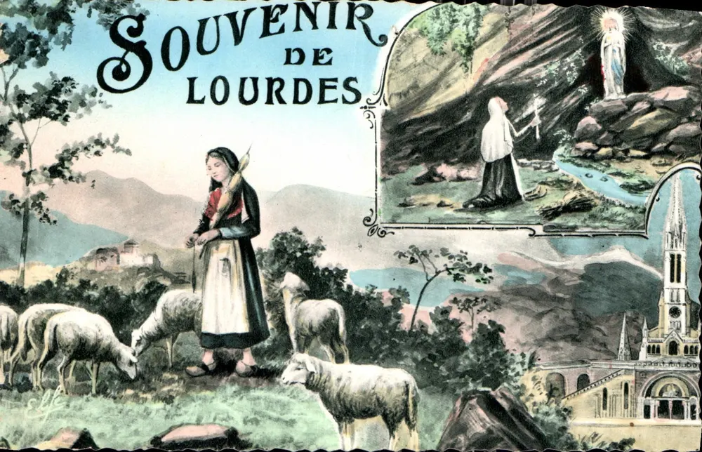 Lembrança de Lourdes — cena pastoril com pastora e ovelhas — editor desconhecido - Frente