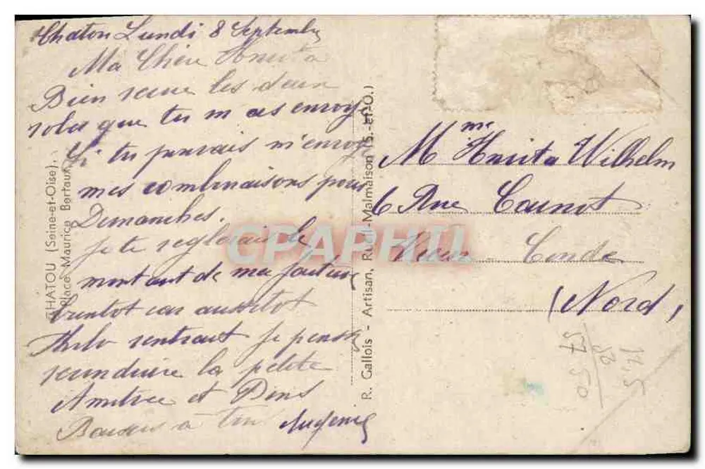 Châton. Place Maurice Bertaux — Ansicht der Straße mit Geschäften — Verlag R. Gallais, Rue de Malmont (Sceaux) - Rückseite