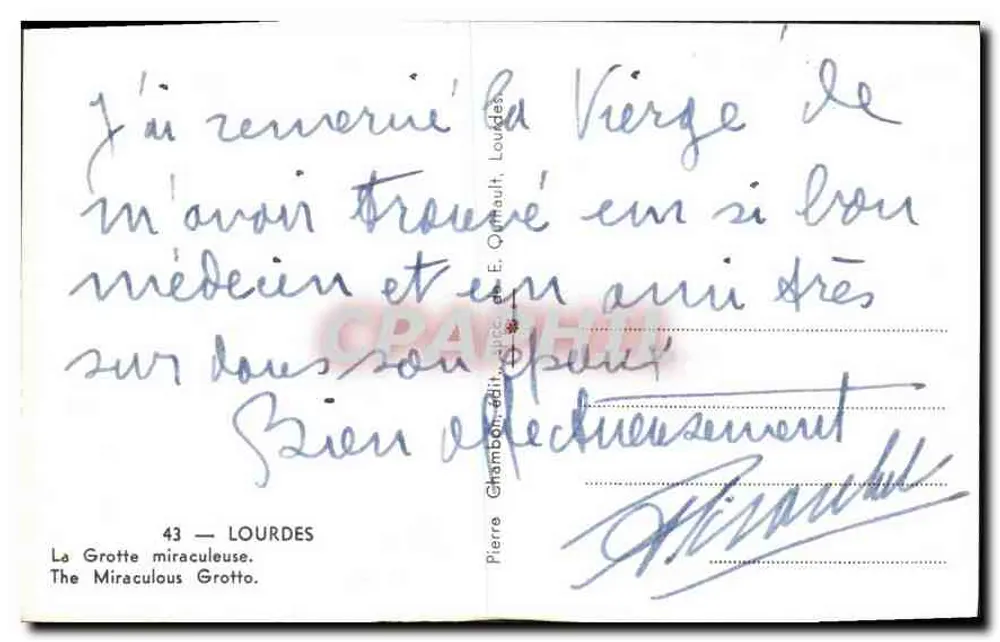 A Gruta Milagrosa — Lourdes — editor E. Quinault, n°43 - Verso